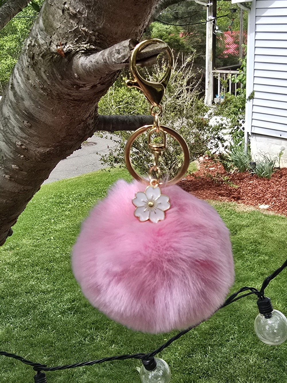Faux Fur Pom Pom Keychain with Flower Charm Purse Charm Pick Your Color